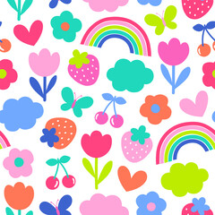 Wall Mural - Cute colorful hand drawn rainbow, fruit and floral seamless pattern background.