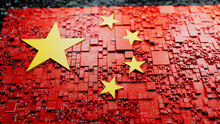 Chinese Flag Rendered As Futuristic 3D Blocks. China Network Concept. Tech Wallpaper.