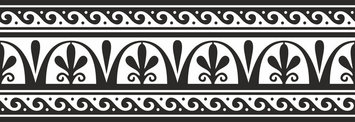 Vector monochrome seamless Greek national ornament, home decoration. Endless black border, frame of the European peoples of the Roman Empire. For sandblasting, laser and plotter cutting.
