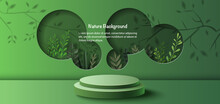 Product Banner, Podium Platform With Geometric Shapes And Nature Background, Paper Illustration, And 3d Paper.