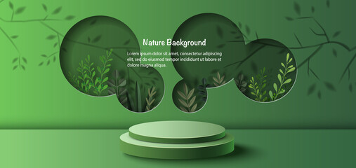 Product banner, podium platform with geometric shapes and nature background, paper illustration, and 3d paper.