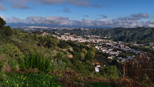 Beautiful Panoramic View Over The Northeast Of Island Gran Canaria, Canary Islands, Spain With Town Teror Between Hills Covered By Green Vegetation.