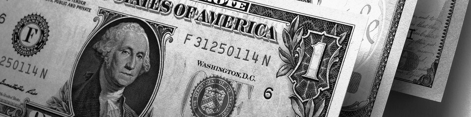 Wall Mural - US money banknotes of 1, 10 and 100 dollars. Banner or headline about the American dollar or economy. Black and white dramatic header. Public debt and taxes. Macro