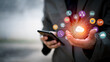 © Oatakoi - Cloud computing and technology icons touched by hand. Cloud technology collects lifestyle and confidential information such as shopping and internet banking, passwords, financial information.