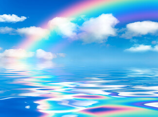 Wall Mural - sunny day background, blue sky with white cumulus clouds and rainbow reflected in water, natural sum