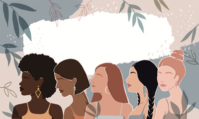Wall Mural - Women of different races together on an abstract background with leaves. modern vector flat illustration. isolated by layers. movement to empower women. women support