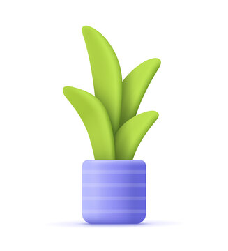 Wall Mural - Flower, plant with leaves in pot. Gardening concept. 3d vector icon. Cartoon minimal style.