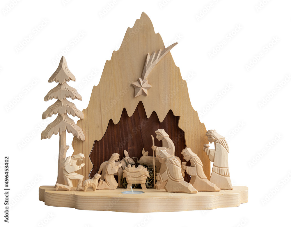 Isolated Christmas nativity scene with wooden figures. Mary, Joseph ...