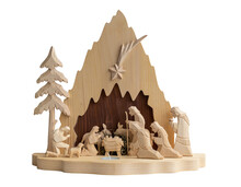 Isolated Christmas Nativity Scene With Wooden Figures. Mary, Joseph, Shepherd And Magi (three Wise Men) Are Standing Near The Manger Of Jesus Christ In The Cave. Candle As A Hearth.
