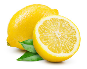 Sticker - Lemon fruit with leaf isolated. Whole lemon and a half with leaves on white background. Lemons isolated. With clipping path. Full depth of field