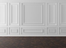 Classic Wall, Empty Interior With Wall Panels And A Wood, Reflective Floor. Modern Minimalist Interior With Panels On The Wall. 3D Render, 3D Illustration.