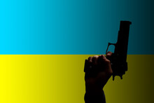 The Flag Of Ukraine Peoples Hand Holding Handgun, Illustration