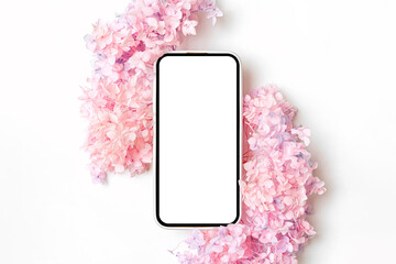 Wall Mural - smartphone mockup with pink flowers. device screen mock up on stylish background for presentation or