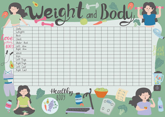 Vector illustration of weight and body measurement tracker in A4 format with doodle illustrations.Weight loss,healthy lifestyle concept for losing weight people.