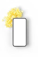 Wall Mural - smartphone mockup with yellow flowers. device screen mockup on stylish background for presentation o