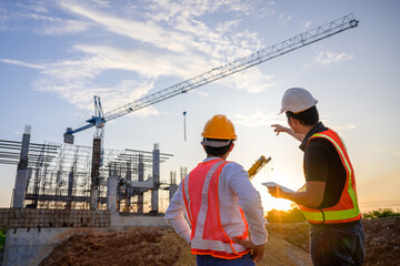 A team of construction engineers talks to managers and construction workers at the construction site. Quality inspection, work plan, home and industrial building design project