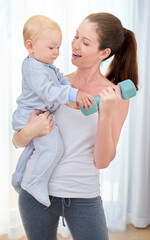 Canvas Print - Youre going to be a strong young man. Shot of a young woman working out while spending time with her baby boy.