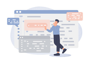 Coder work concept. Man developing program or interface for website, programmer at work. Modern technologies and digital world, IT industry specialist, coding. Cartoon flat vector illustration