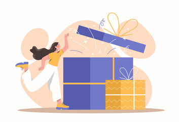 Wall Mural - Birthday present concept. Girl opens box, metaphor for special offers and discounts. Graphic elements for website, marketing poster or banner, holiday greetings. Cartoon flat vector illustration