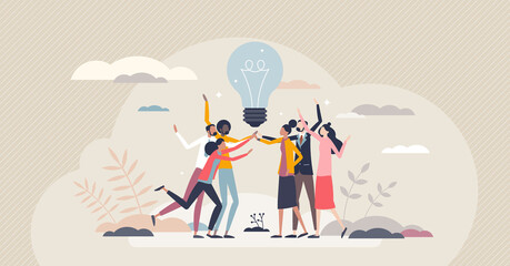 Wall Mural - Teamwork creative success and business idea development tiny person concept. Creativity and innovation as key for successful marketing or new product vector illustration. Goal collaboration together.