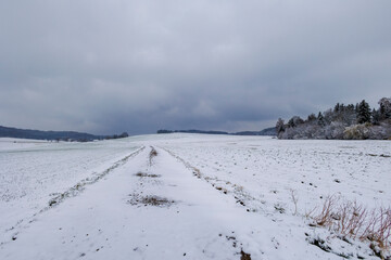 Wall Mural - snowy field path with cloudy sky in Schmuttertal biotope near the village of Gablingen near Augsburg in Bavaria, Germany