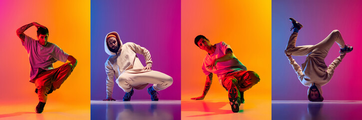 Wall Mural - Composite image with men dancing breakdance isolated on gradient orange and purple background.