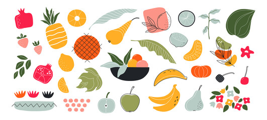 Wall Mural - Abstract doodle shapes. Minimalistic organic figures with primitive textures. Summer berries and fruits. Plate with juicy pieces. Pineapple and pear. Botanical elements. Vector food set