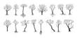 © SpicyTruffel - Naked trees silhouettes. Black bushes and trucks with bare branches. Winter or autumn plants with roots. Cold season nature. Dead birch or oak stems. Vector dry woodland elements set