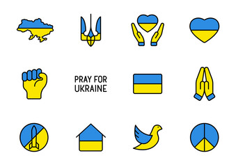 pray for Ukraine blue and yellow outline filled icons. i stand with Ukraine. peace for Ukraine. stop war in Ukraine