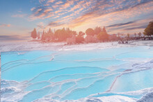 Natural Travertine Pools Pool Blue Water And Terraces In Pamukkale Turkey Banner