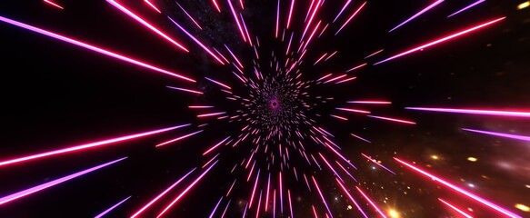 purple space tunnel hyperjump background. futuristic neon acceleration with 3d render of warp jump b