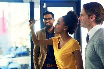 Poster - Working with purpose and a plan. Cropped shot of a group of businesspeople brainstorming with notes on a glass wall in an office.