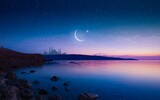 Fototapeta  - Ramadan religious background with bright crescent, stars and mosque reflected in serene sea. Month of Ramadan is that in which was revealed Quran.