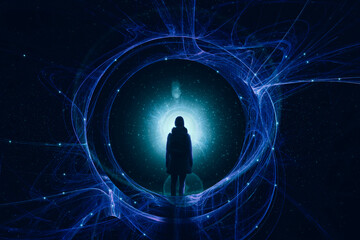 Wall Mural - A fantasy, science fiction concept of a woman standing in front of a glowing mystical portal. In a universe of stars.