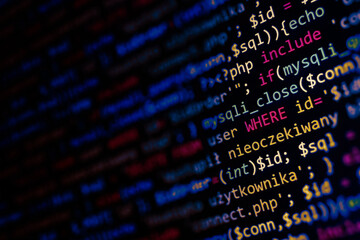 Wall Mural - web software development background. real programmer monitor and screen. technology php coding backg
