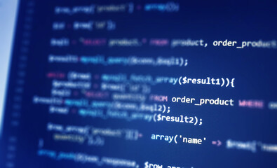 Wall Mural - software development monitor screen background. developer display with source code. programming conc