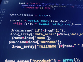 Wall Mural - php screen code. development monitor. programming concept background, database systems concept