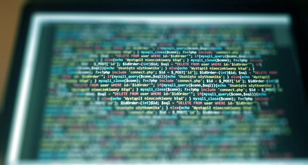 Wall Mural - software development monitor screen background. developer display with source code. programming conc