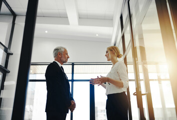 Ive got a plan. Cropped shot of two businesspeople talking while standing in the office.