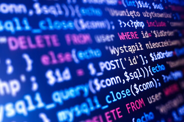 Wall Mural - software development pattern. programmer monitor with php language code. closeup tablet screen techn