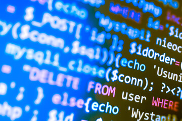 Wall Mural - php language web programming source code. abstract code background. backend programming, software de