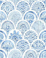 Seamless moroccan pattern. Seigaiha vintage tile. Blue and white watercolor ornament painted with paint on paper. Wavy print for textiles in Japanese style. Set grunge texture. Vector illustration.