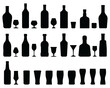 Black silhouettes of spirits and beer bottles and glasses on a white background	
