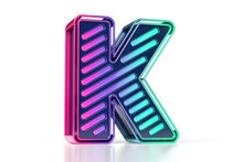 Striking Colorful Neon Lettering. Luminous 3D Letter K In Purple To Green Gradient. High Quality 3D Rendering.