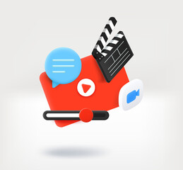 Poster - Making video project concept with clap, movie player, chat cloud and camera icon. 3d vector illustration
