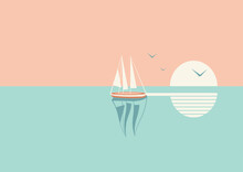 Sailboat Or Boat Floats In The Sea At Sunset.