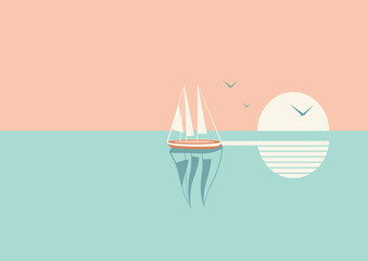 Wall Mural - Sailboat or boat floats in the sea at sunset.