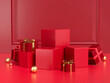 Blank product podium stand with festive concept on red background for product and gold spheres. 3d rendering.