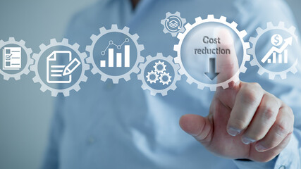 Cost reduction Concept. Businessman with his hand lowers the arrow of the graph. Cost text with a down arrow. budget,Cost Management 