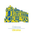 Vector image. Opera theater in Odessa. Ukrainian flag colors